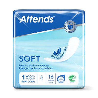 Produktbild für Attends Soft 1 Mini Long, Inkontinenzeinlage bei leichter Blasenschwäche, ultradünn, atmungsaktiv, 16 Stück
