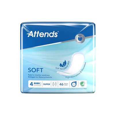 Produktbild für Attends Soft 4 Super, Inkontinenzeinlage mittlere Blasenschwäche, atmungsaktiv, weiche Vliesoberfläche